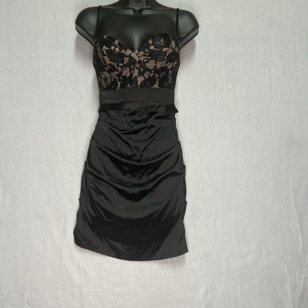 Y2K Black Lace Bustier Mini Dress Satin Ruched Bodycon Spaghetti Strap S It Girl